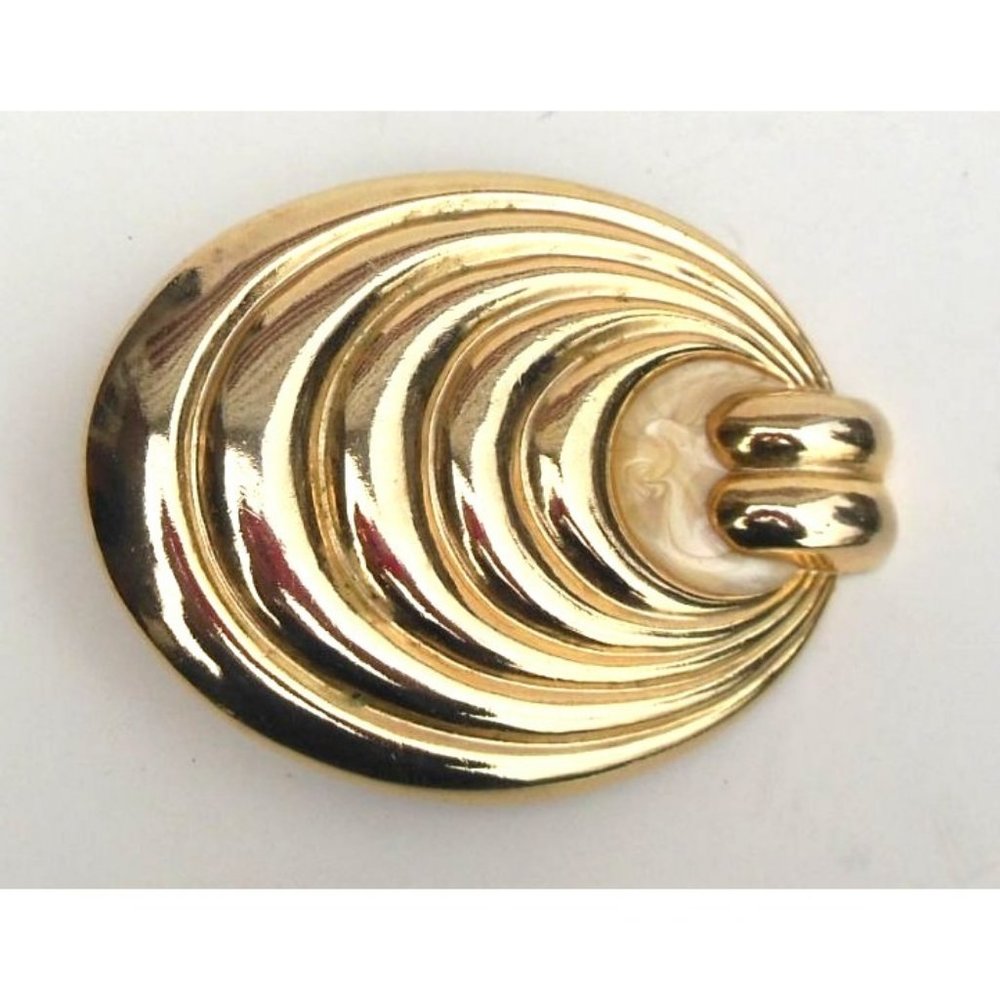 Vintage 1980s Belt Buckle Gold Tone Metal and Metallic Resin Oval Design